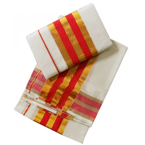 Kerala Red And Golden Border Settu Mundu